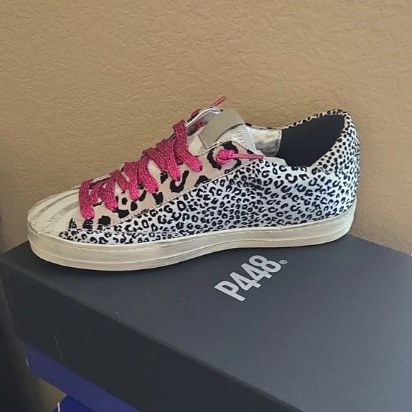 NEW P448 John Sneaker Silver Leopard Print Pink Laces Box Italy - 37 (6.5 - 7) - Picture 2 of 14